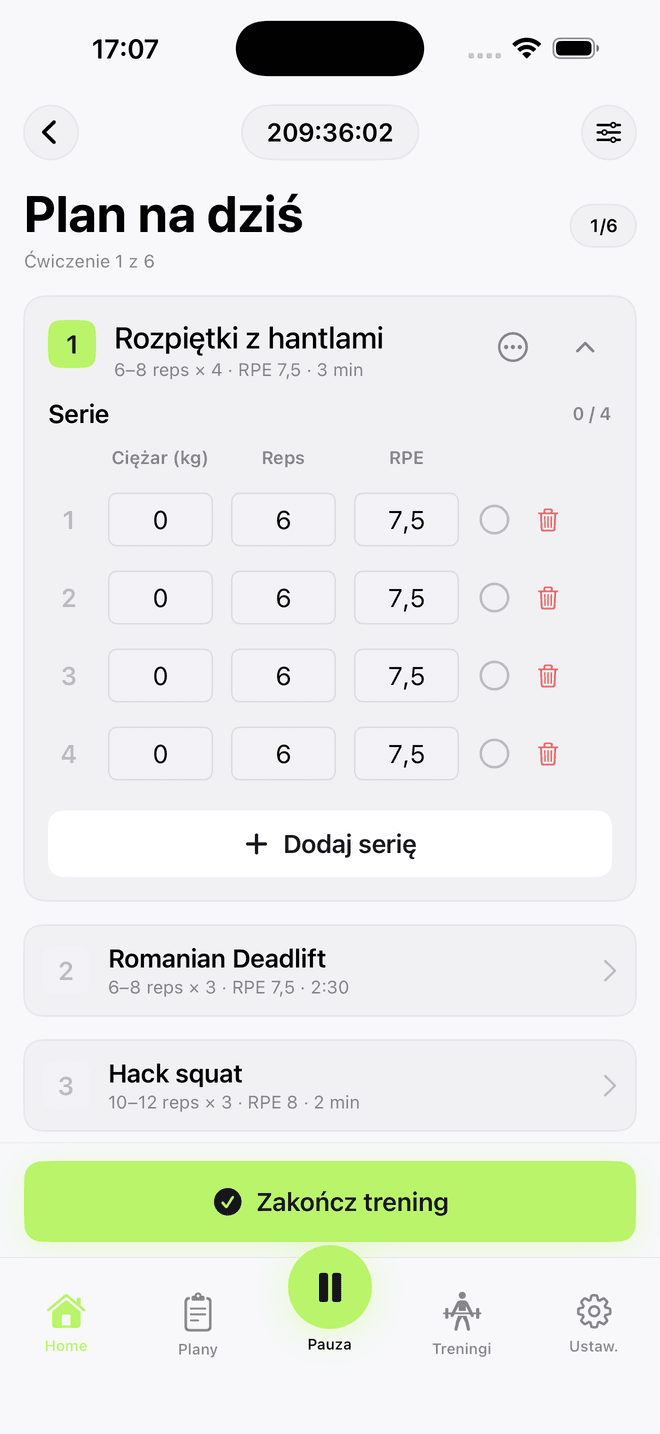 Liftly — live workout z timerem